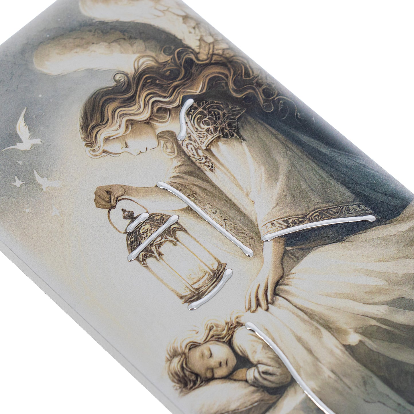 Quadro in legno Angelo Custode con dettagli argentati. Dimensioni 9x18 cm