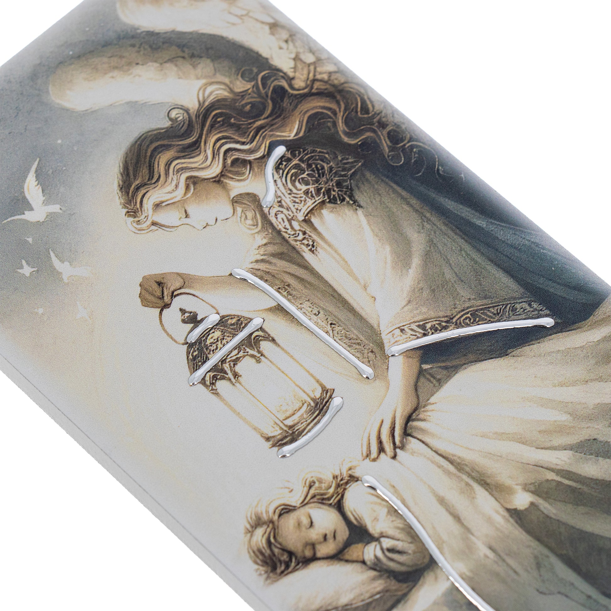 Quadro in legno Angelo Custode con dettagli argentati. Dimensioni 9x18 cm