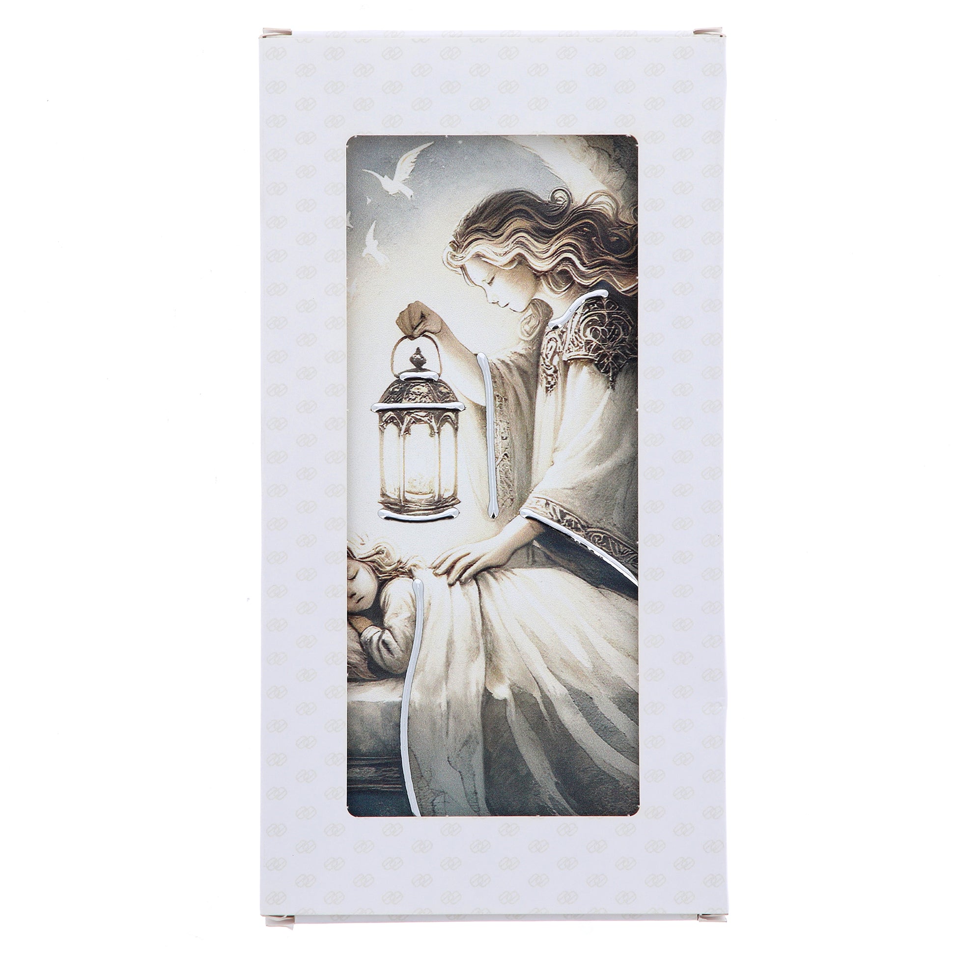 Quadro in legno Angelo Custode con dettagli argentati. Dimensioni 9x18 cm