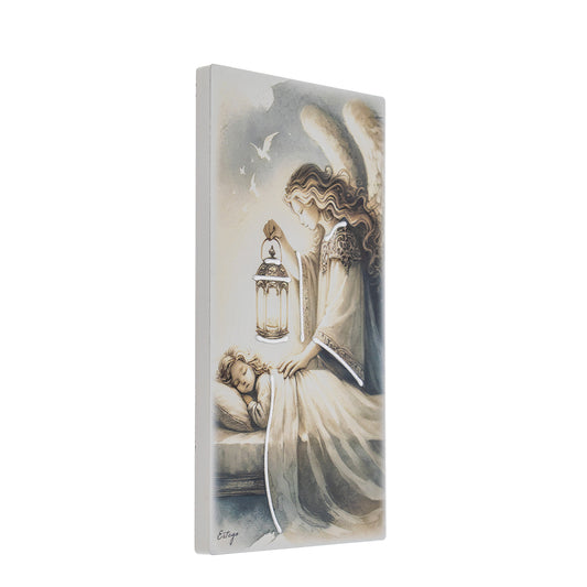 Quadro in legno Angelo Custode con dettagli argentati. Dimensioni 9x18 cm