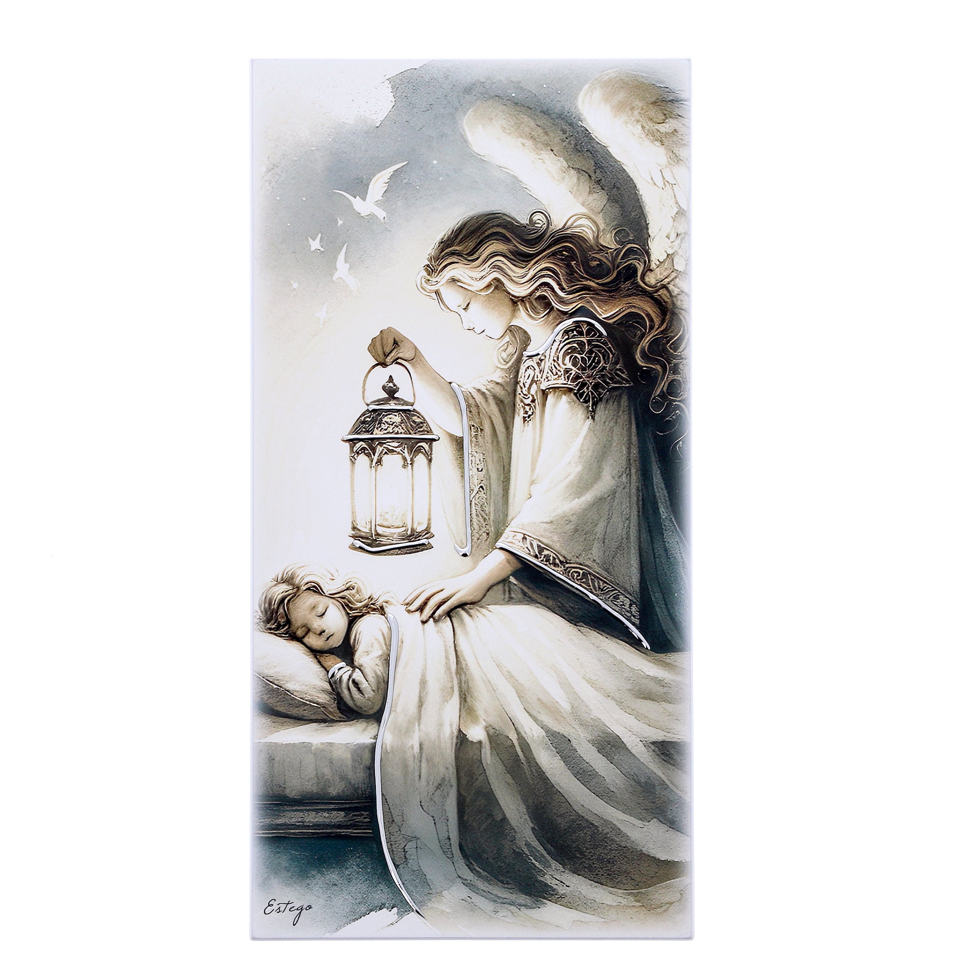 Quadro in legno Angelo Custode con dettagli argentati. Dimensione 18x36 cm