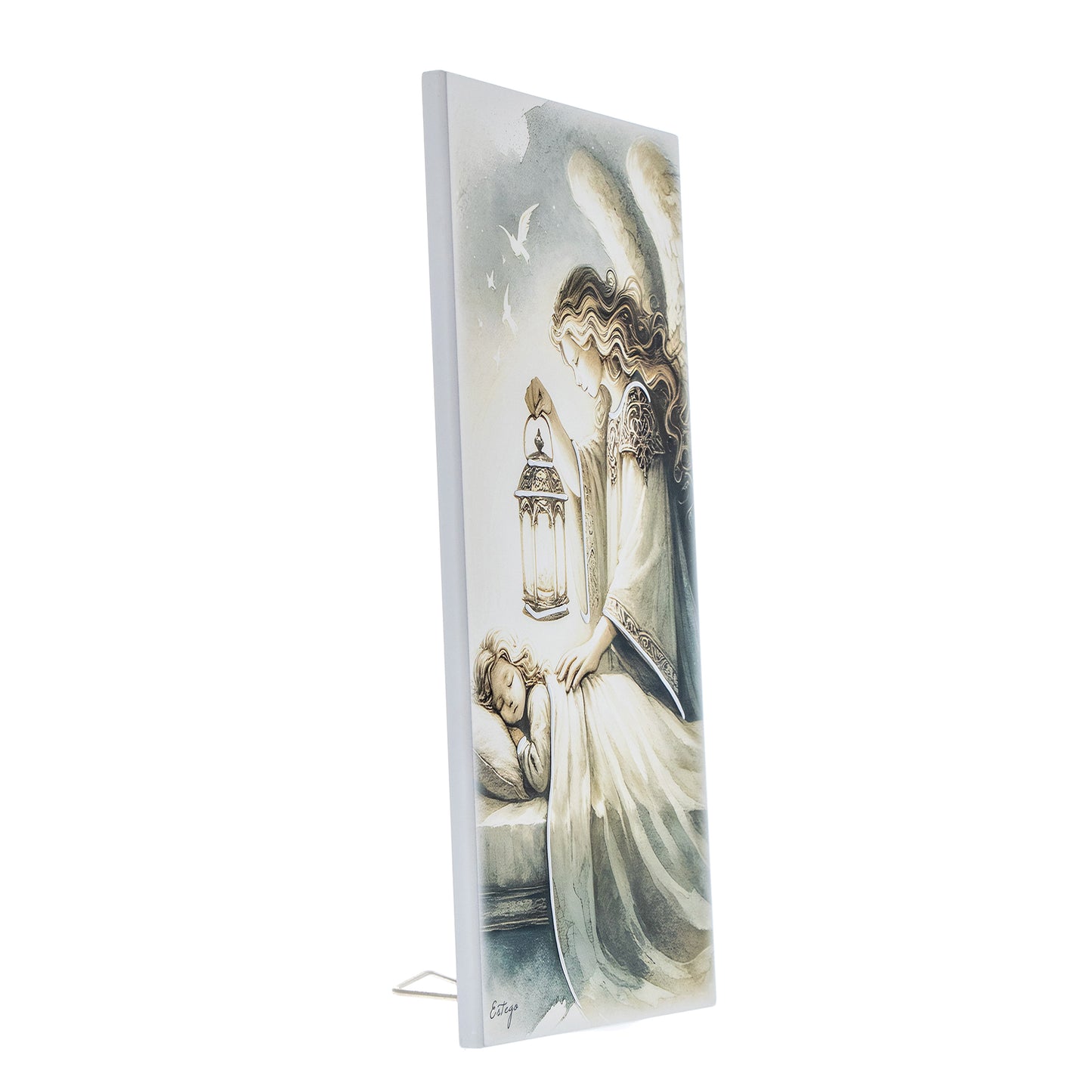 Quadro in legno Angelo Custode con dettagli argentati. Dimensione 18x36 cm