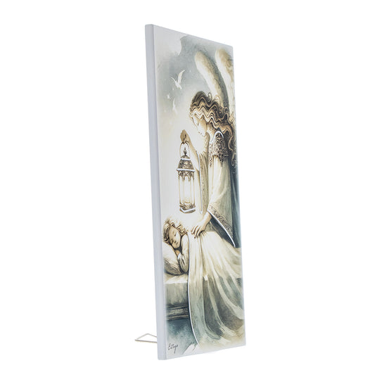 Quadro in legno Angelo Custode con dettagli argentati. Dimensione 18x36 cm