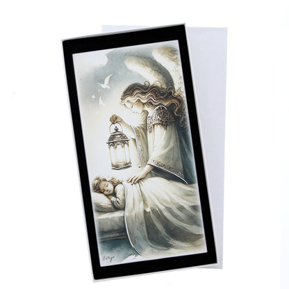 Quadro in legno Angelo Custode con dettagli argentati. Dimensione 18x36 cm