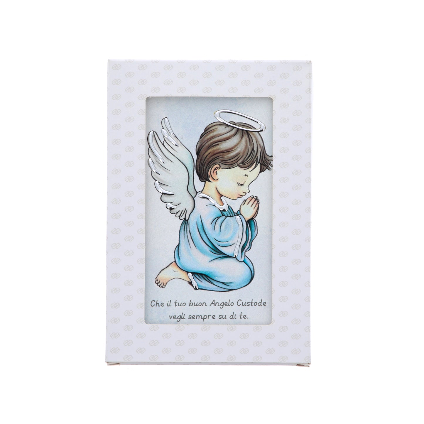 Quadro in legno Angelo Custode con dettagli argentati. Dimensioni 9x13,5 cm