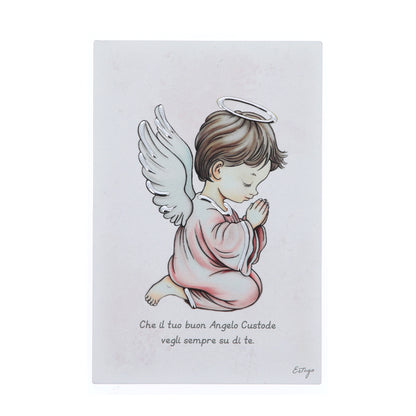 Quadro in legno Angelo Custode con dettagli argentati. Dimensioni 9x13,5 cm