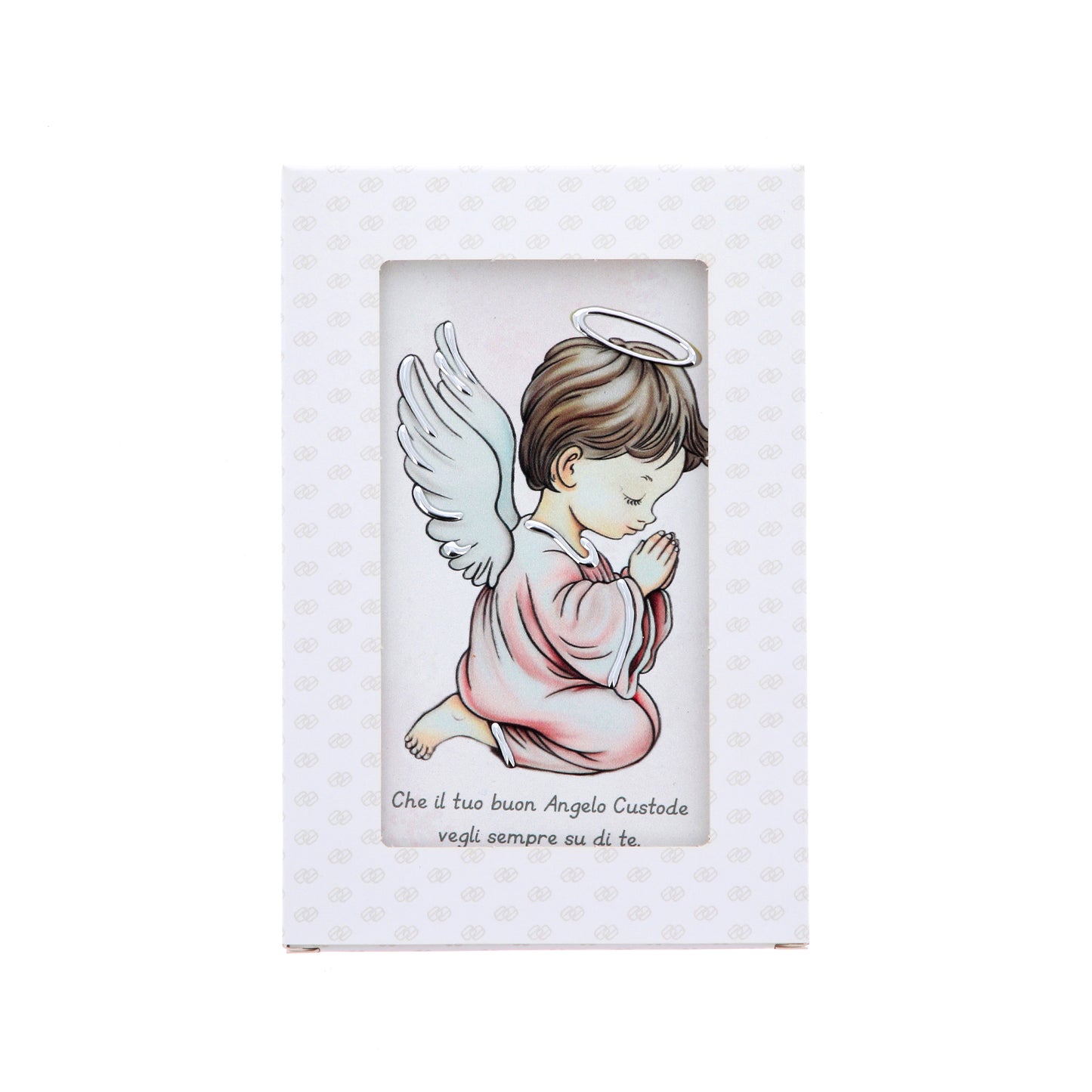 Quadro in legno Angelo Custode con dettagli argentati. Dimensioni 9x13,5 cm