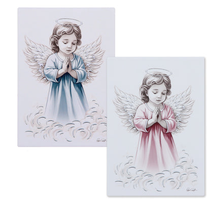 Quadro Angelo in legno con dettagli in foglia argento. Dimensioni 10x14 cm