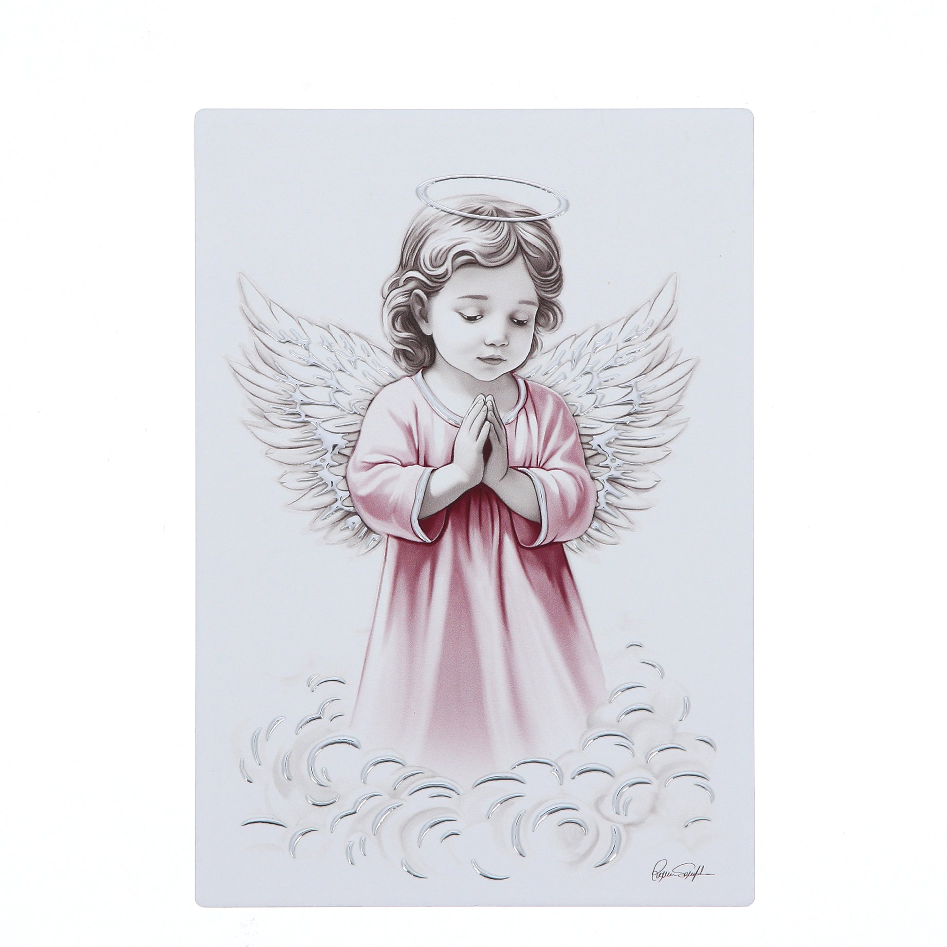 Quadro Angelo in legno con dettagli in foglia argento. Dimensioni 10x14 cm