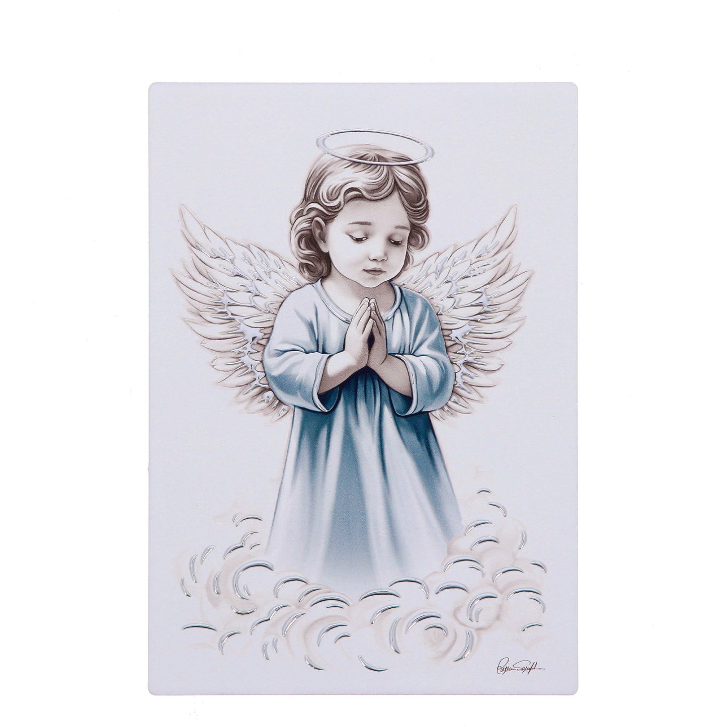 Quadro Angelo in legno con dettagli in foglia argento. Dimensioni 10x14 cm
