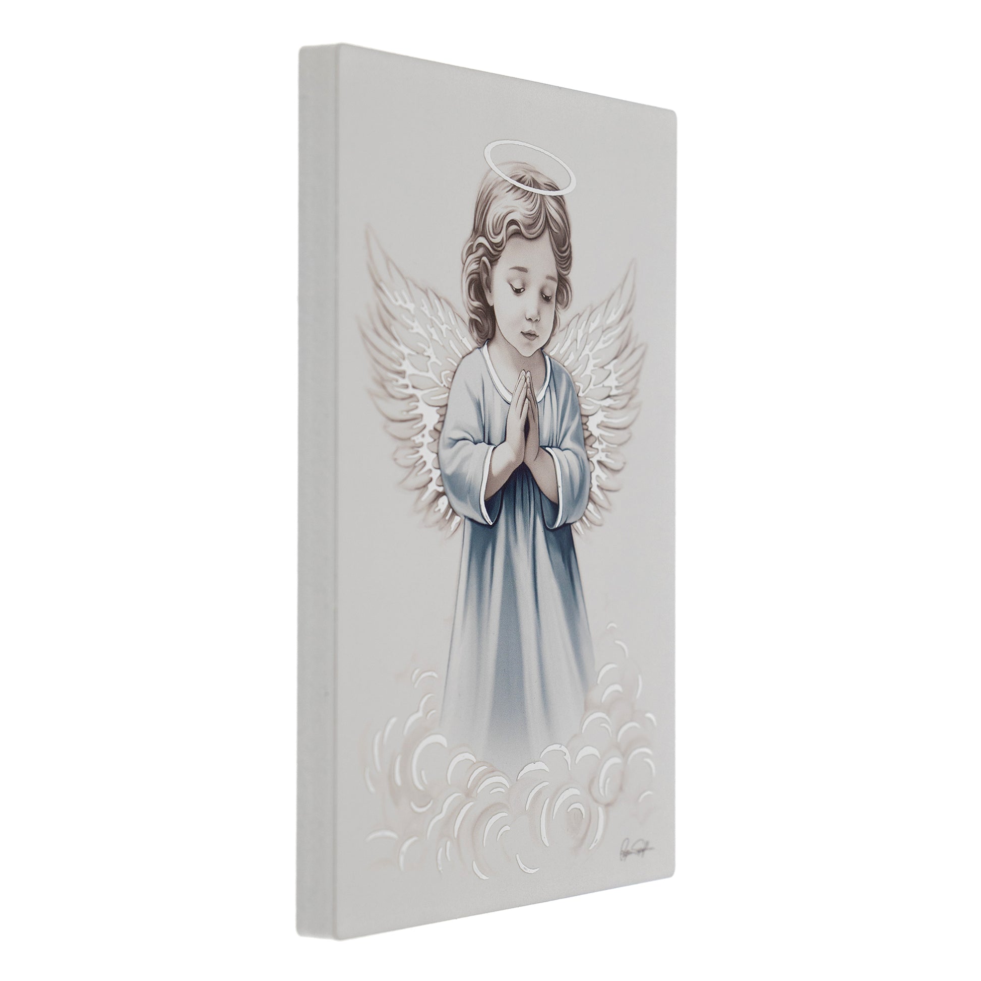 Quadro Angelo in legno con dettagli in foglia argento. Dimensioni 10x14 cm