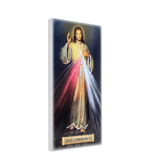 Quadro in legno Gesù Misericordioso con dettagli argentati. Dimensioni 9x18 cm
