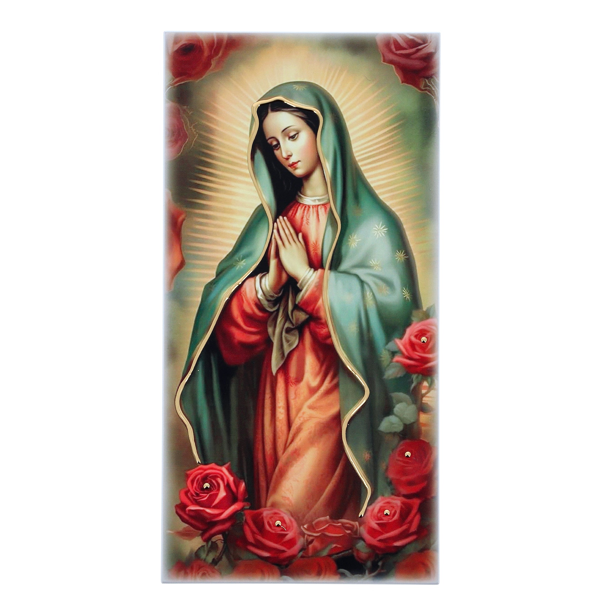 Quadro in legno Madonna di Guadalupe con dettagli dorati. Dimensione 18x36 cm