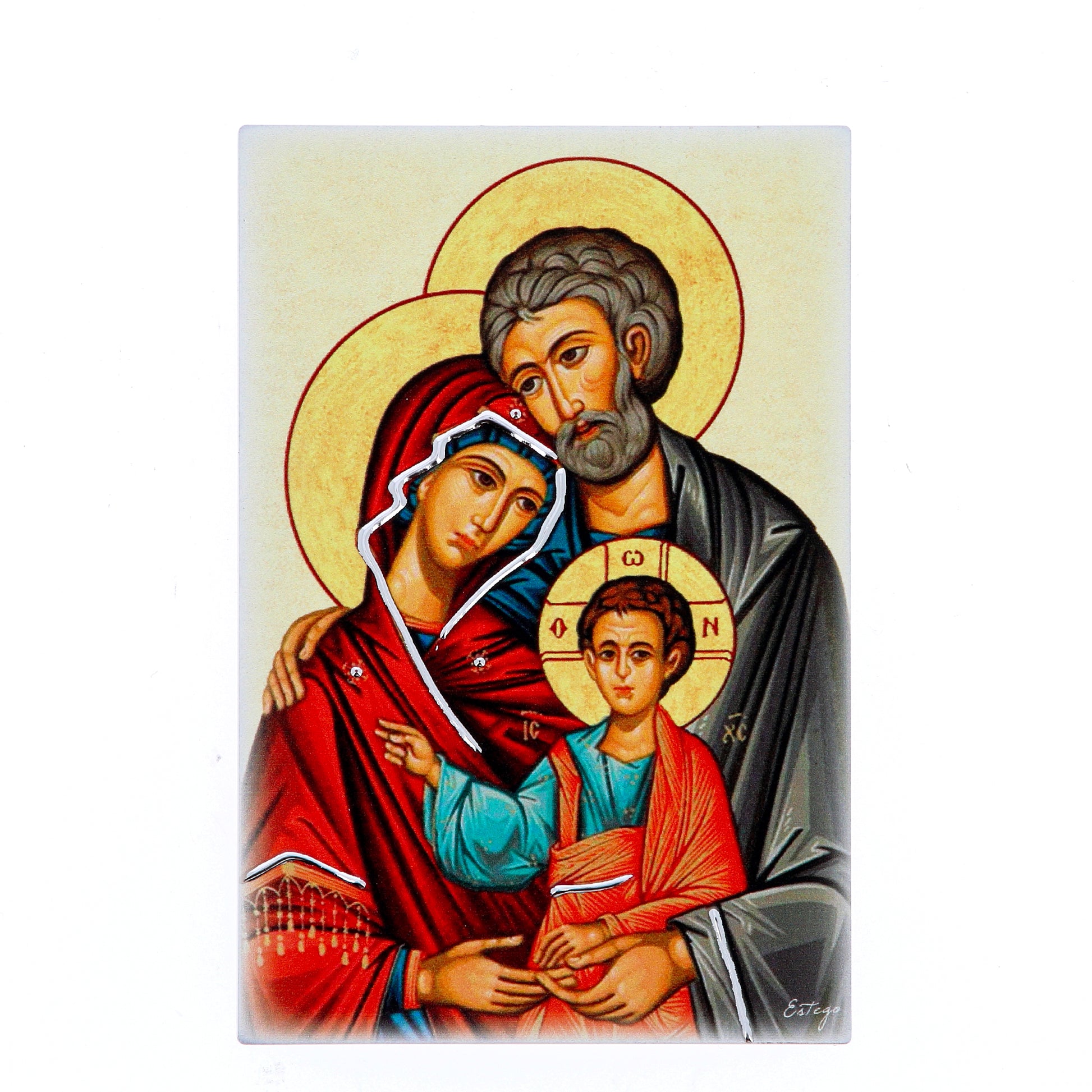 Quadro in legno icona Sacra Famiglia con dettagli argentati. Dimensioni 9x13,5 cm