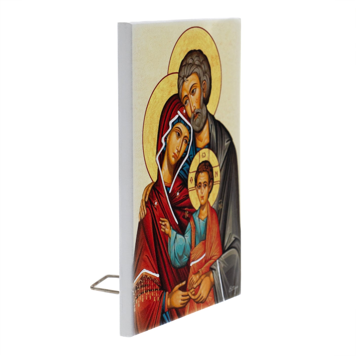 Quadro in legno icona Sacra Famiglia con dettagli argentati. Dimensioni 9x13,5 cm