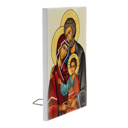 Quadro in legno icona Sacra Famiglia con dettagli argentati. Dimensioni 9x13,5 cm