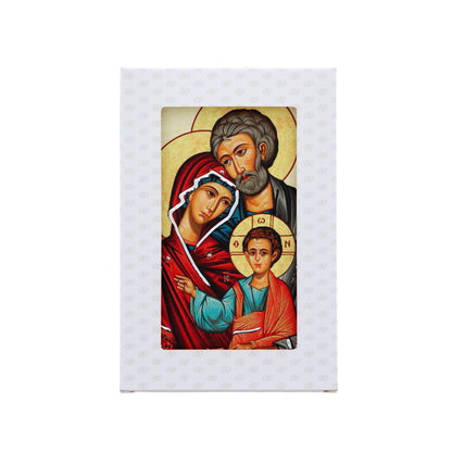 Quadro in legno icona Sacra Famiglia con dettagli argentati. Dimensioni 9x13,5 cm