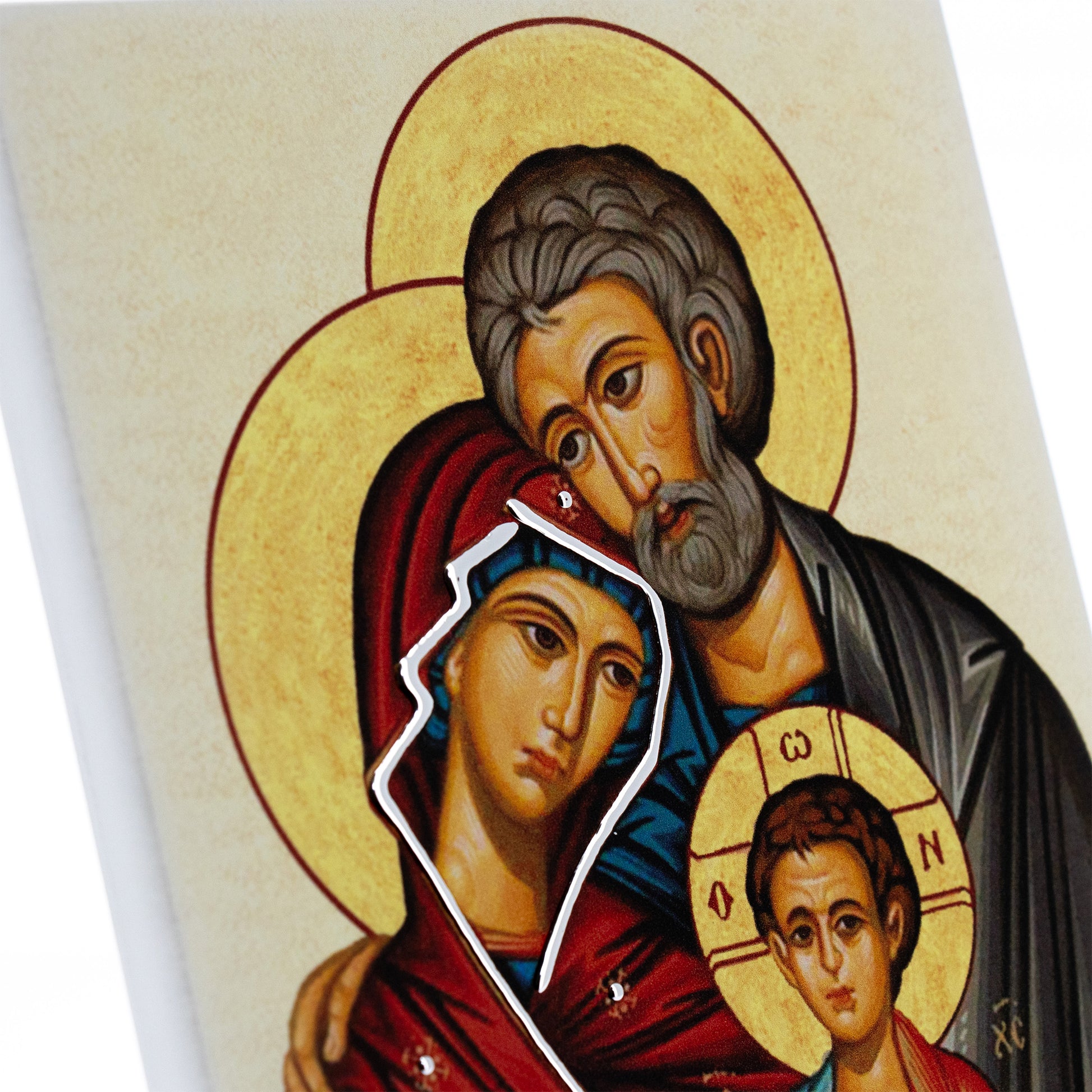 Quadro in legno icona Sacra Famiglia con dettagli argentati. Dimensioni 9x13,5 cm
