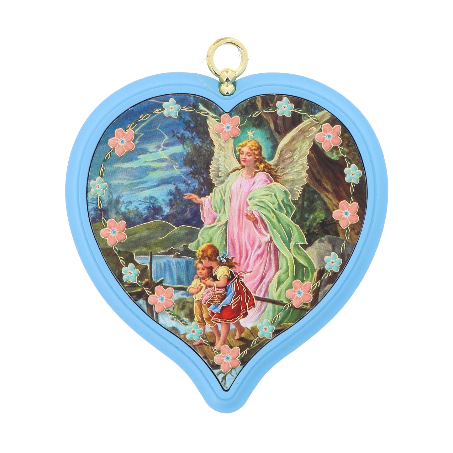 Sopraculla in polimero a cuore con cartoncino "Preghiera Angelo di Dio". Soggetto angelo custode, blu. Dimensioni 13x13 cm