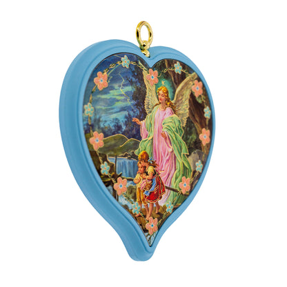 Sopraculla in polimero a cuore con cartoncino "Preghiera Angelo di Dio". Soggetto angelo custode, blu. Dimensioni 13x13 cm