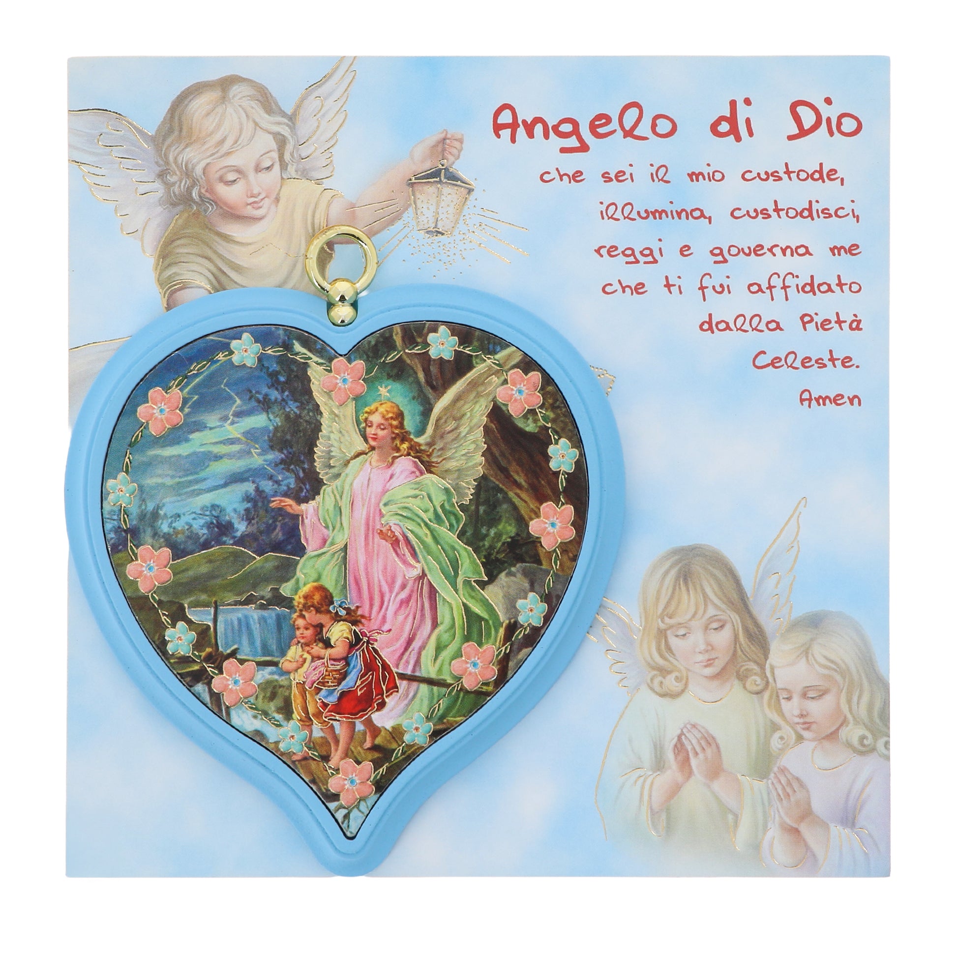 Sopraculla in polimero a cuore con cartoncino "Preghiera Angelo di Dio". Soggetto angelo custode, blu. Dimensioni 13x13 cm