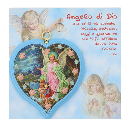 Sopraculla in polimero a cuore con cartoncino "Preghiera Angelo di Dio". Soggetto angelo custode, blu. Dimensioni 13x13 cm