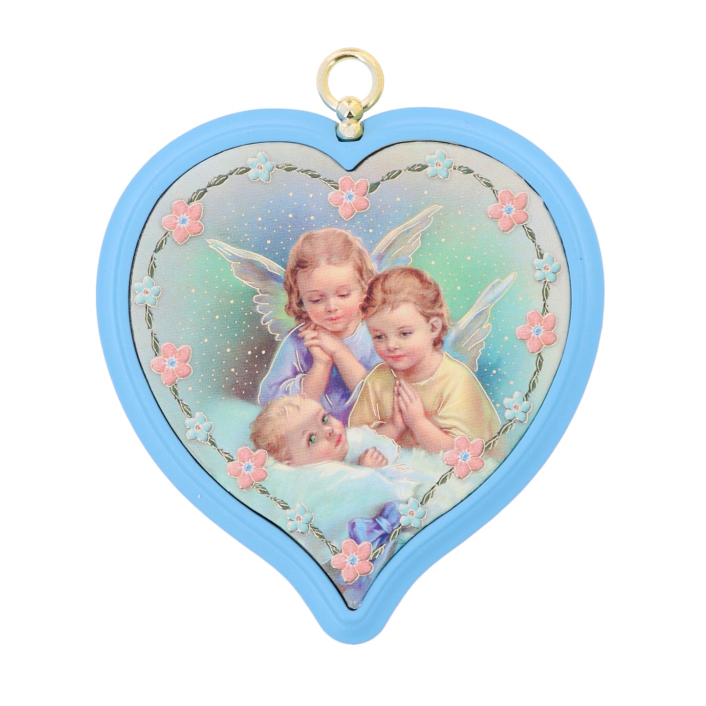 Sopraculla in polimero a cuore con cartoncino "Preghiera Angelo di Dio". Soggetto angeli, blu. Dimensioni 13x13 cm