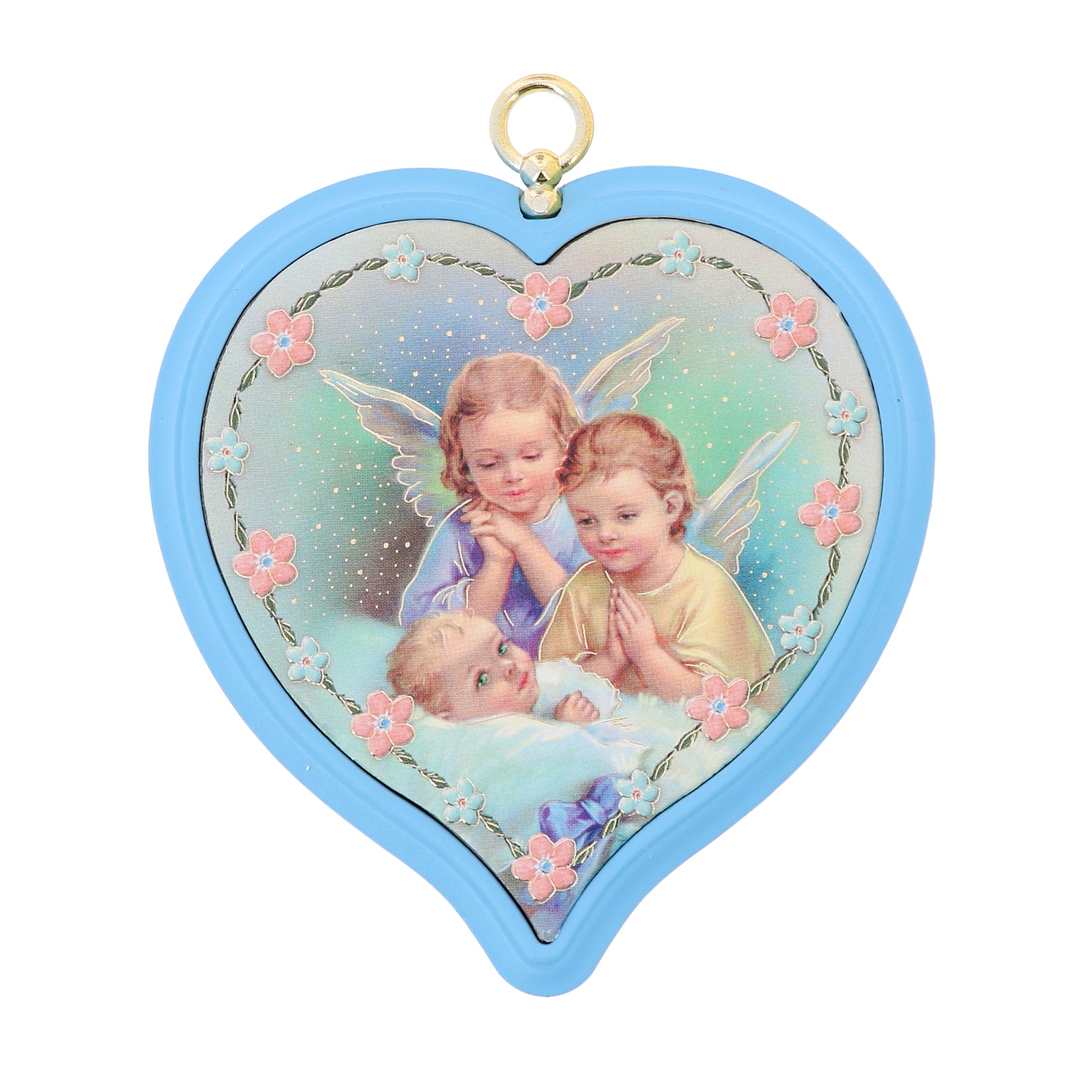 Sopraculla in polimero a cuore con cartoncino "Preghiera Angelo di Dio". Soggetto angeli, blu. Dimensioni 13x13 cm