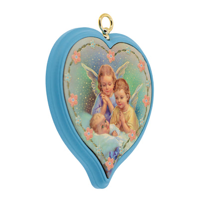 Sopraculla in polimero a cuore con cartoncino "Preghiera Angelo di Dio". Soggetto angeli, blu. Dimensioni 13x13 cm