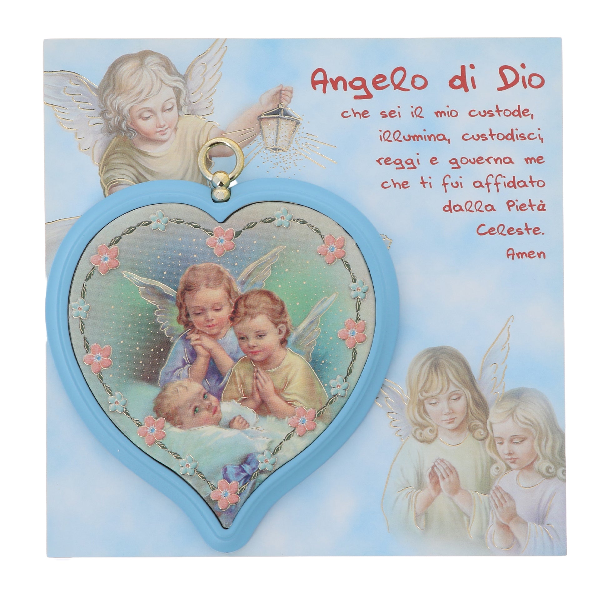 Sopraculla in polimero a cuore con cartoncino "Preghiera Angelo di Dio". Soggetto angeli, blu. Dimensioni 13x13 cm