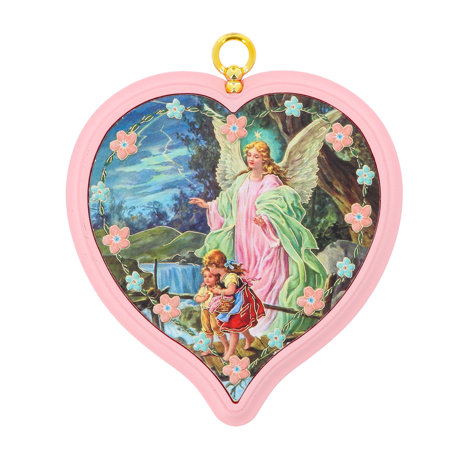 Sopraculla in polimero a cuore con cartoncino "Preghiera Angelo di Dio". Soggetto angelo custode, rosa. Dimensioni 13x13 cm