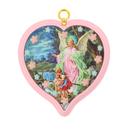 Sopraculla in polimero a cuore con cartoncino "Preghiera Angelo di Dio". Soggetto angelo custode, rosa. Dimensioni 13x13 cm