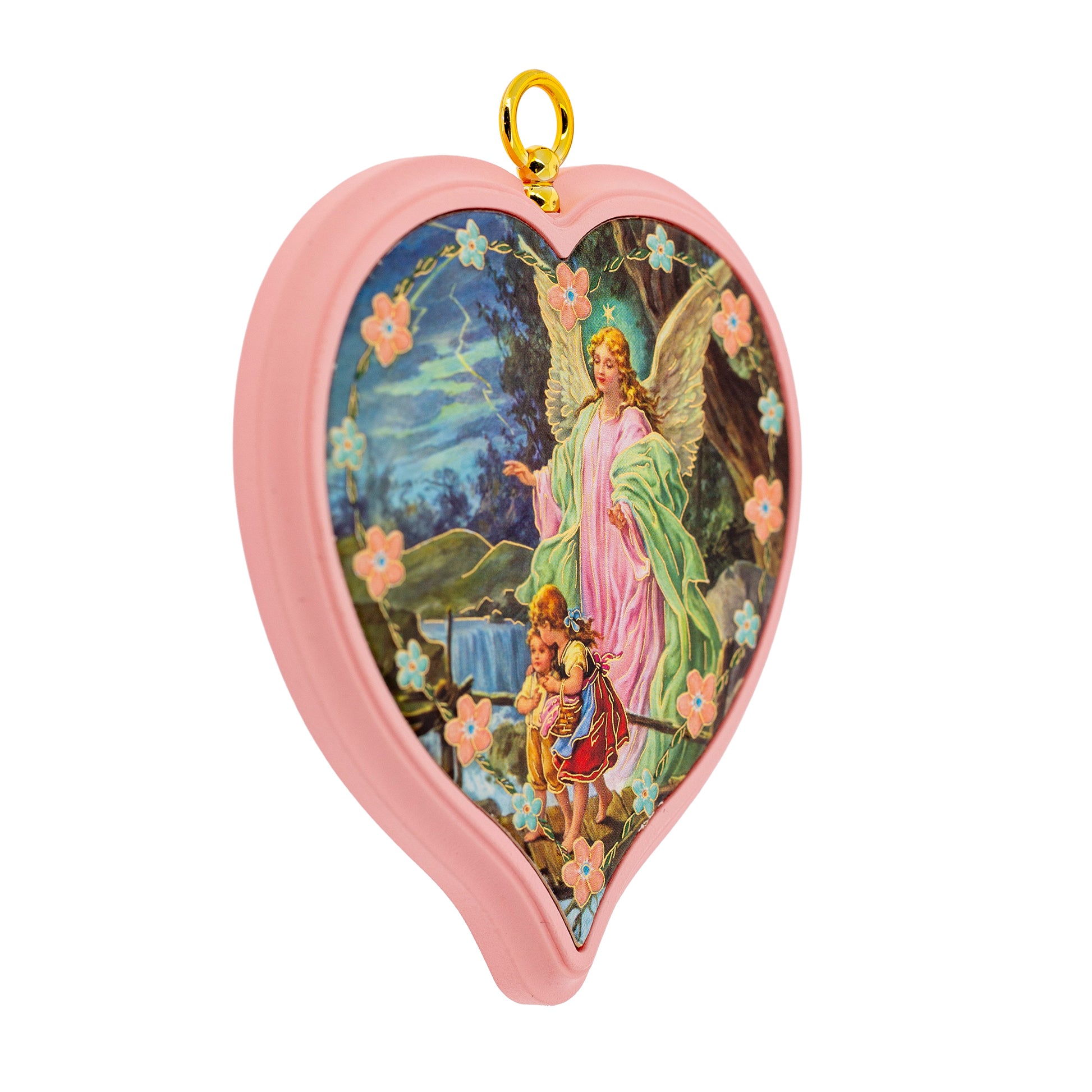 Sopraculla in polimero a cuore con cartoncino "Preghiera Angelo di Dio". Soggetto angelo custode, rosa. Dimensioni 13x13 cm