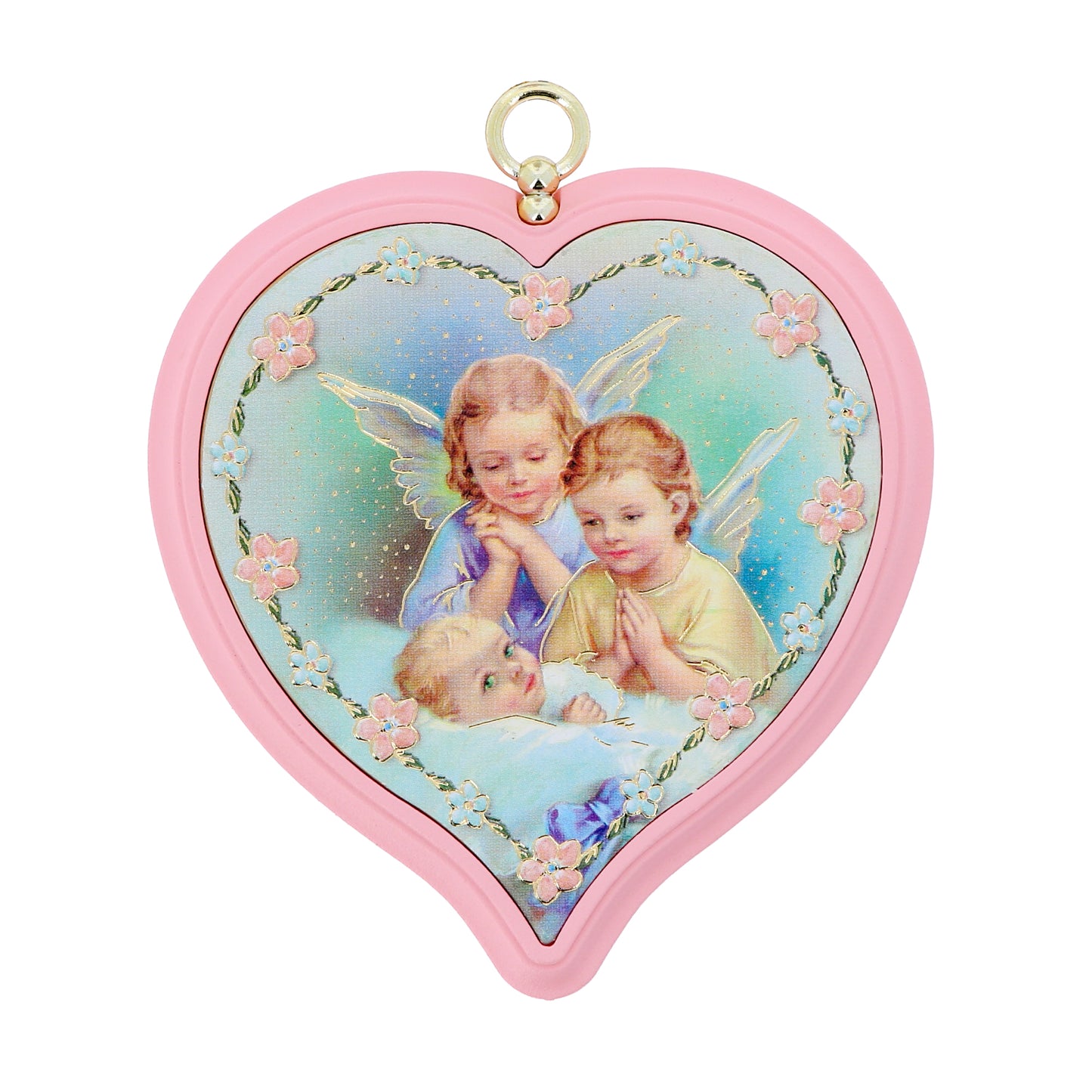 Sopraculla in polimero a cuore con cartoncino "Preghiera Angelo di Dio". Soggetto angeli, rosa. Dimensioni 13x13 cm