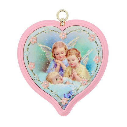 Sopraculla in polimero a cuore con cartoncino "Preghiera Angelo di Dio". Soggetto angeli, rosa. Dimensioni 13x13 cm
