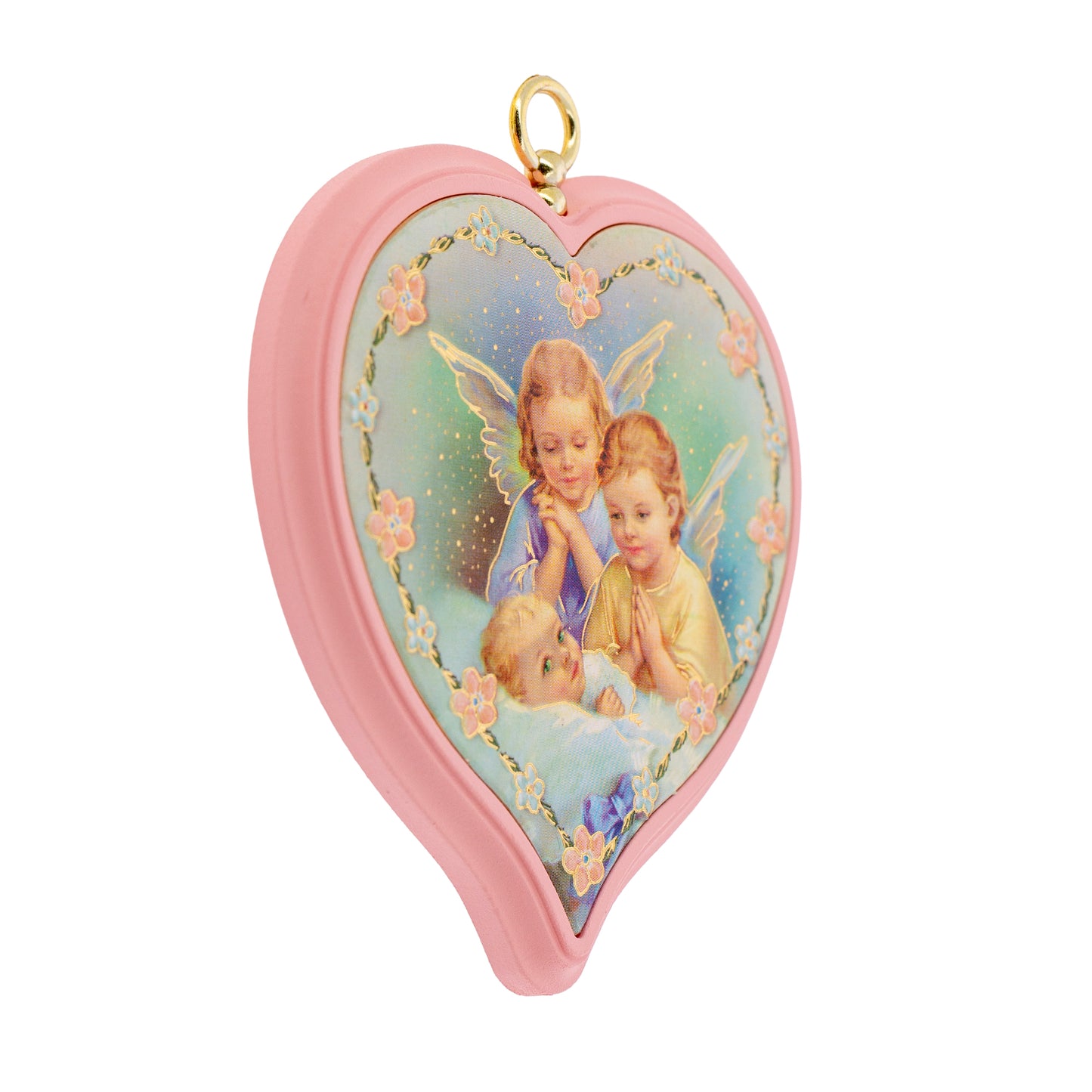 Sopraculla in polimero a cuore con cartoncino "Preghiera Angelo di Dio". Soggetto angeli, rosa. Dimensioni 13x13 cm
