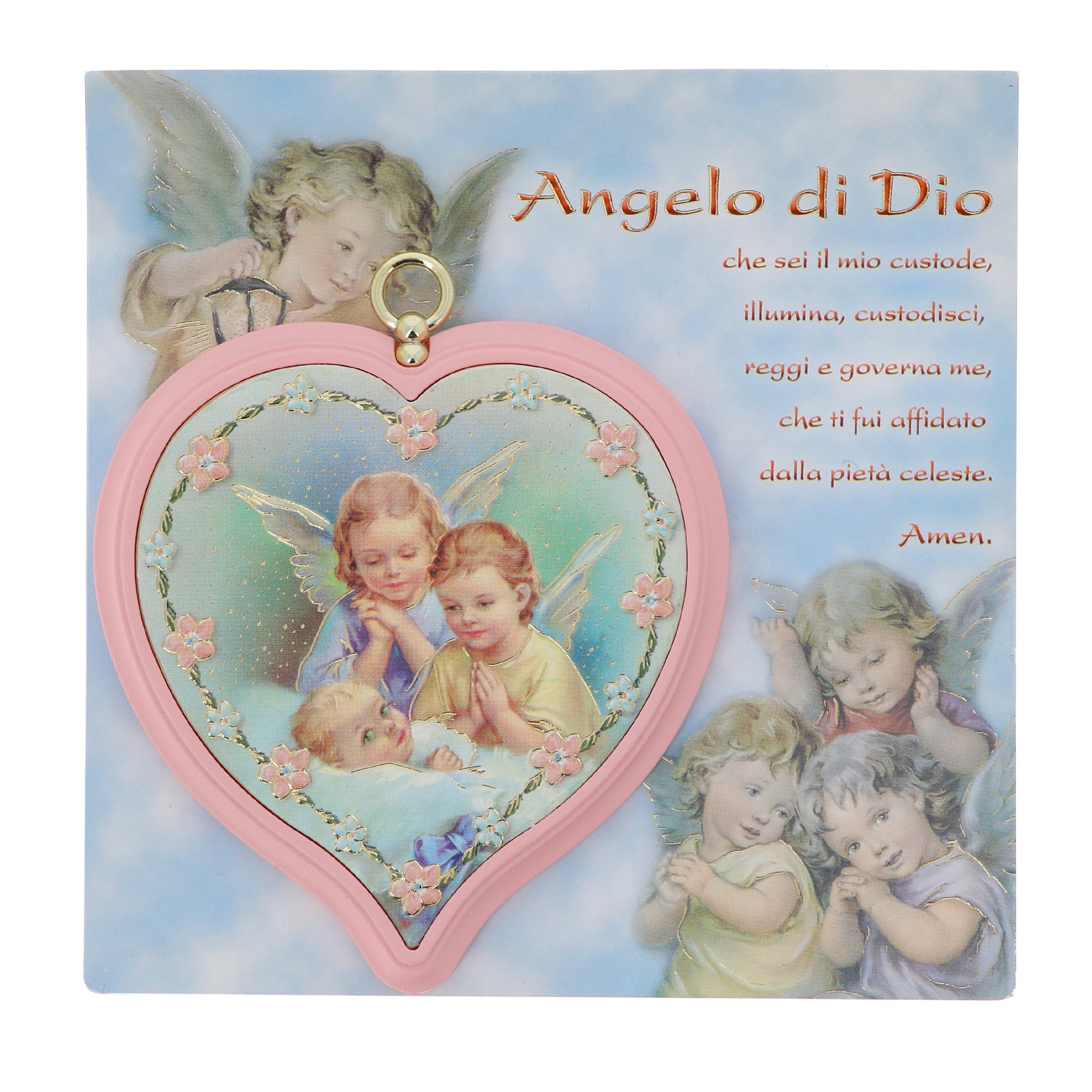 Sopraculla in polimero a cuore con cartoncino "Preghiera Angelo di Dio". Soggetto angeli, rosa. Dimensioni 13x13 cm