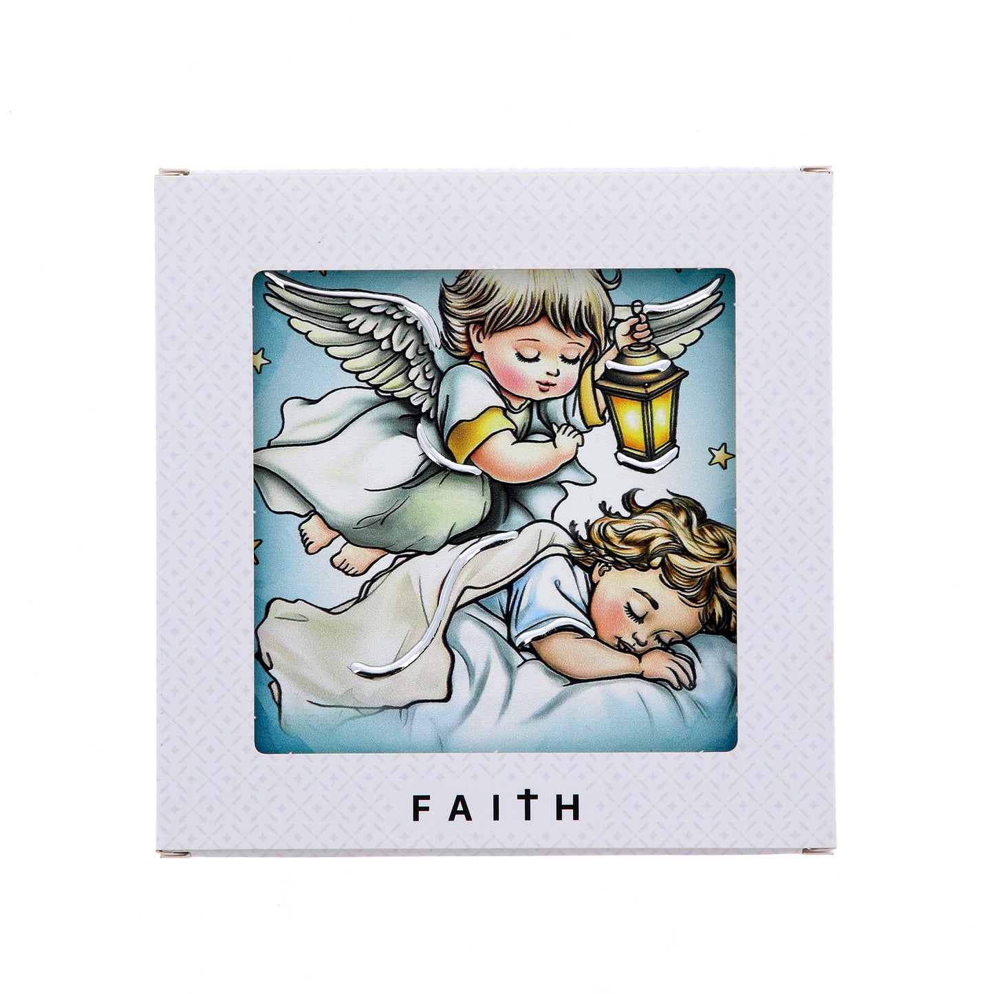 Quadro in legno Angelo Custode con dettagli argentati. Dimensioni 12,5x12,5 cm