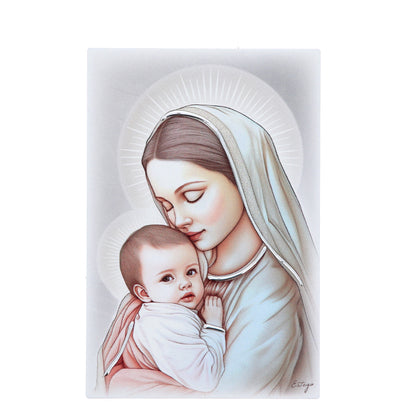 Quadro in legno Madonna con Bambino con dettagli argentati. Dimensioni 9x13,5 cm