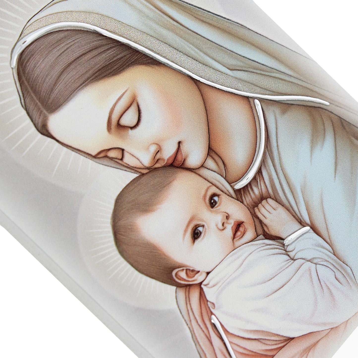 Quadro in legno Madonna con Bambino con dettagli argentati. Dimensioni 9x13,5 cm