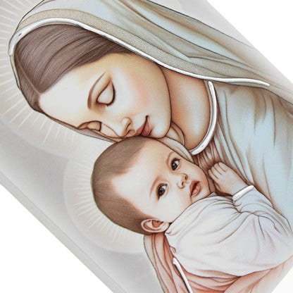 Quadro in legno Madonna con Bambino con dettagli argentati. Dimensioni 9x13,5 cm