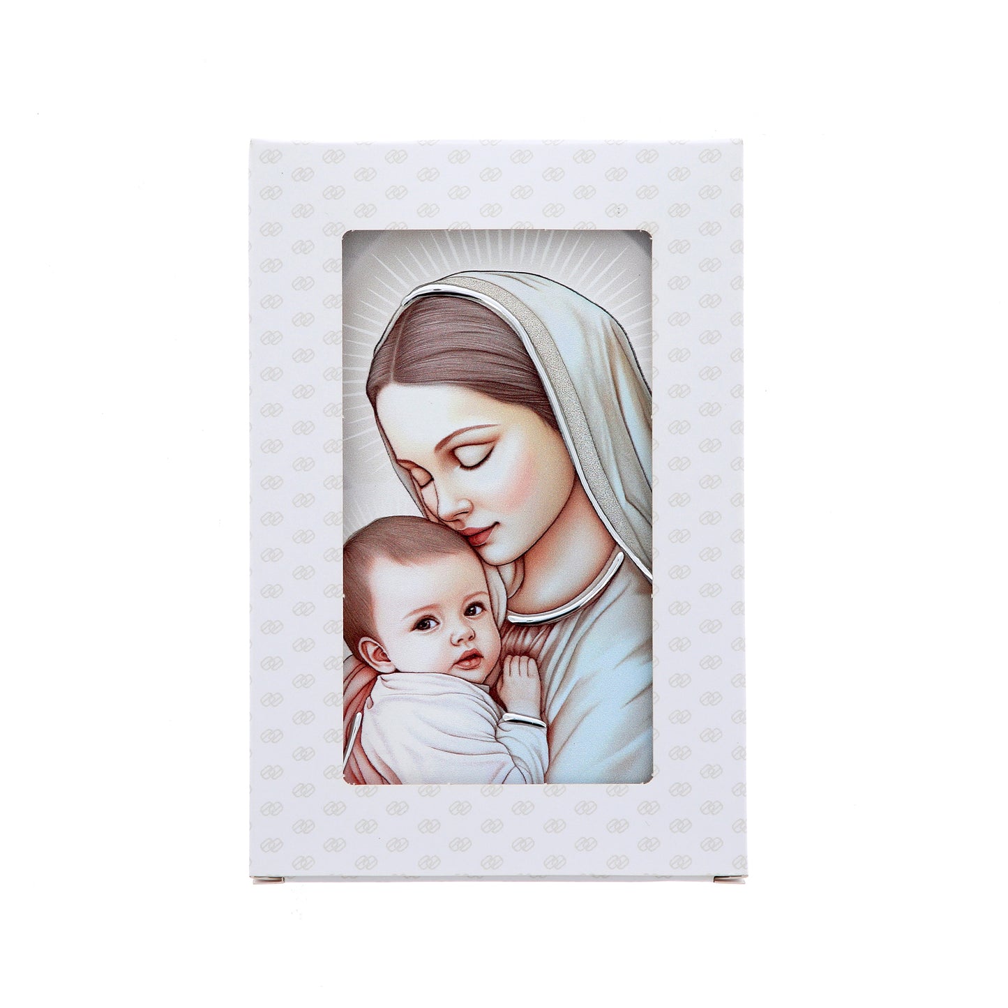 Quadro in legno Madonna con Bambino con dettagli argentati. Dimensioni 9x13,5 cm