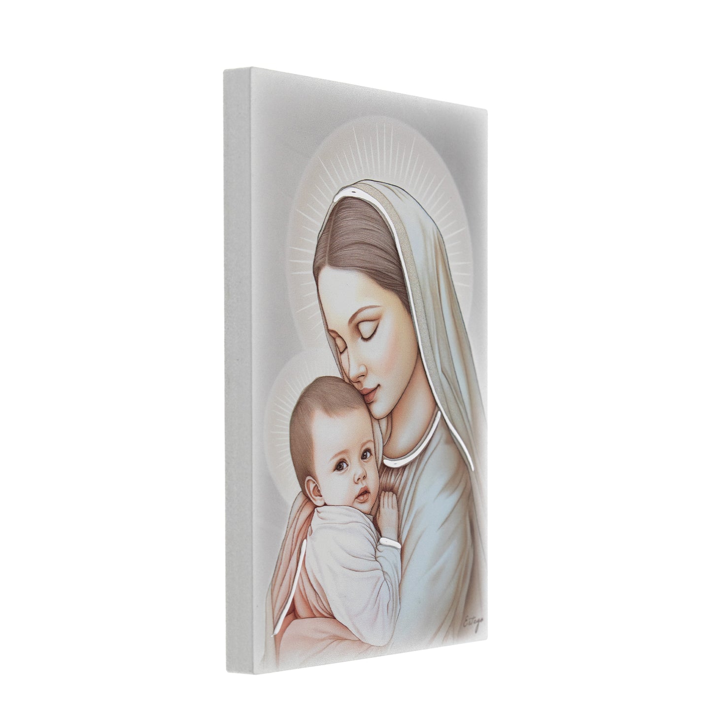 Quadro in legno Madonna con Bambino con dettagli argentati. Dimensioni 9x13,5 cm