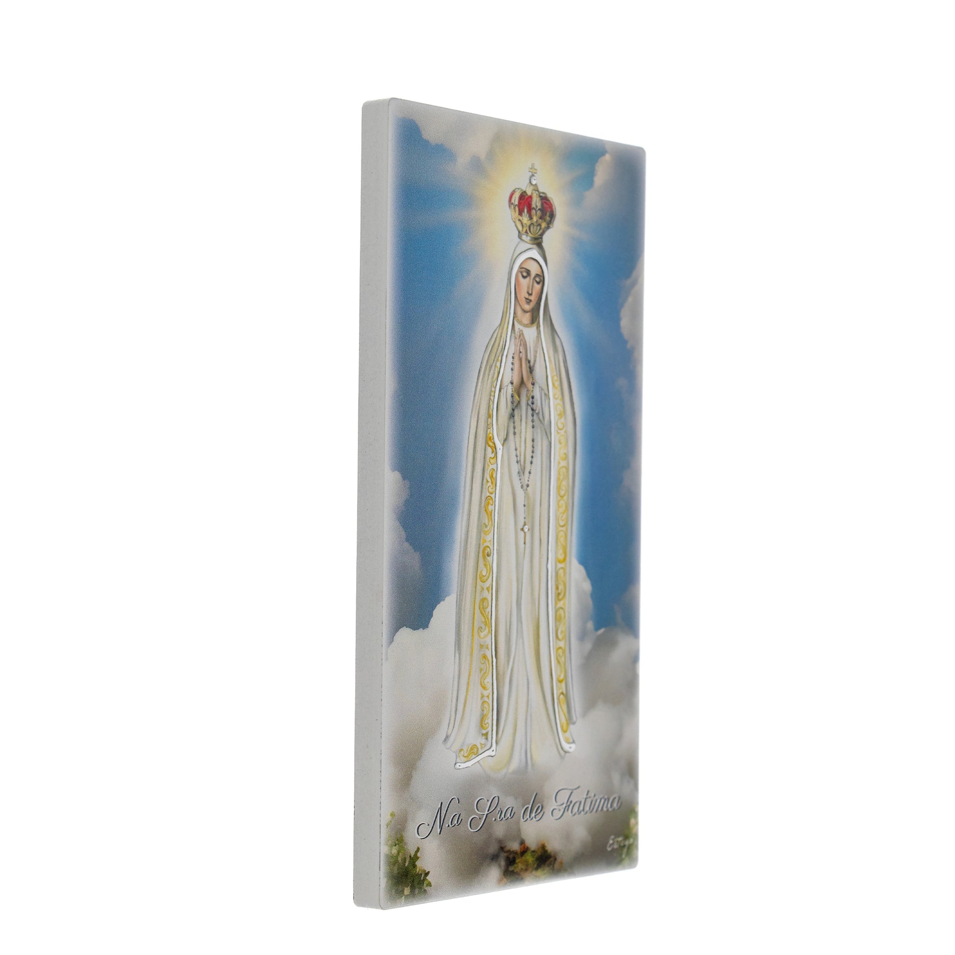 Quadro in legno Madonna di Fatima con dettagli argentati. Dimensioni 9x18 cm