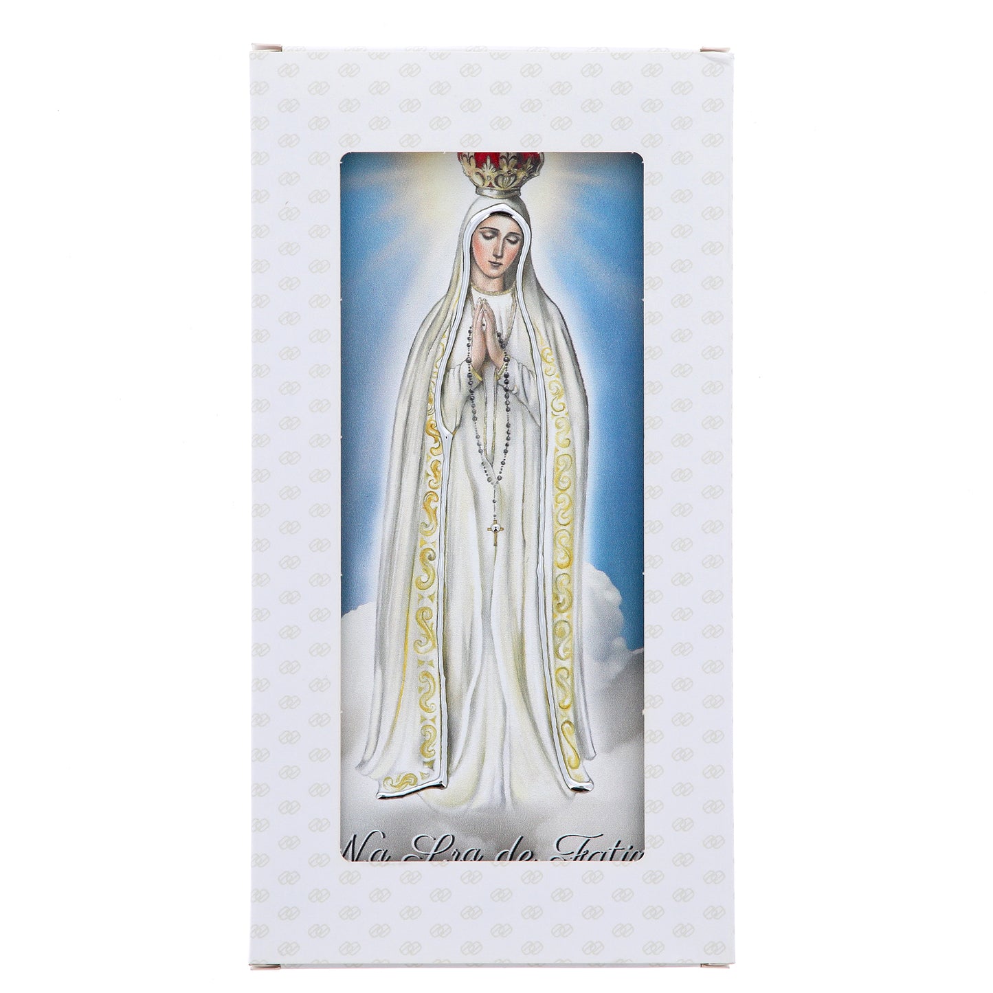 Quadro in legno Madonna di Fatima con dettagli argentati. Dimensioni 9x18 cm