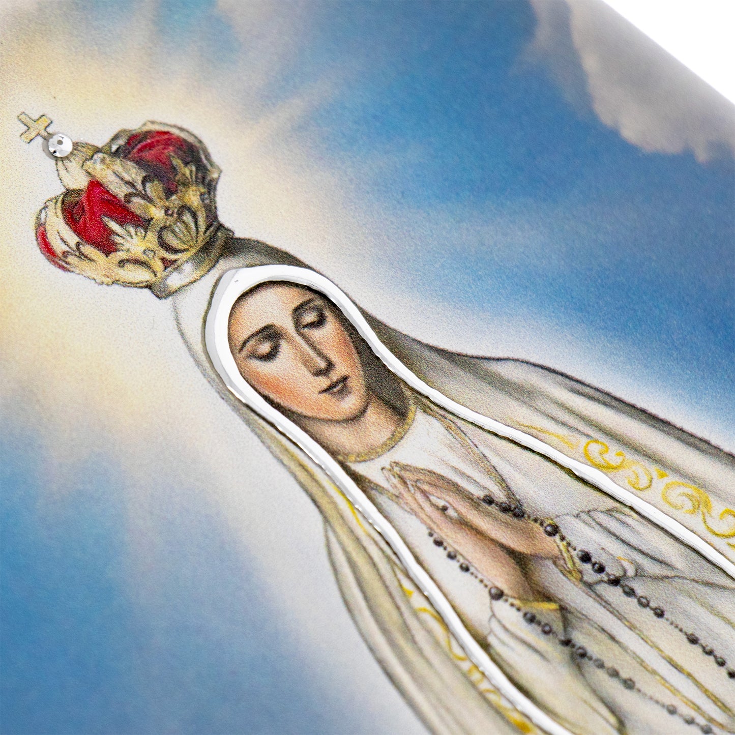 Quadro in legno Madonna di Fatima con dettagli argentati. Dimensioni 9x18 cm
