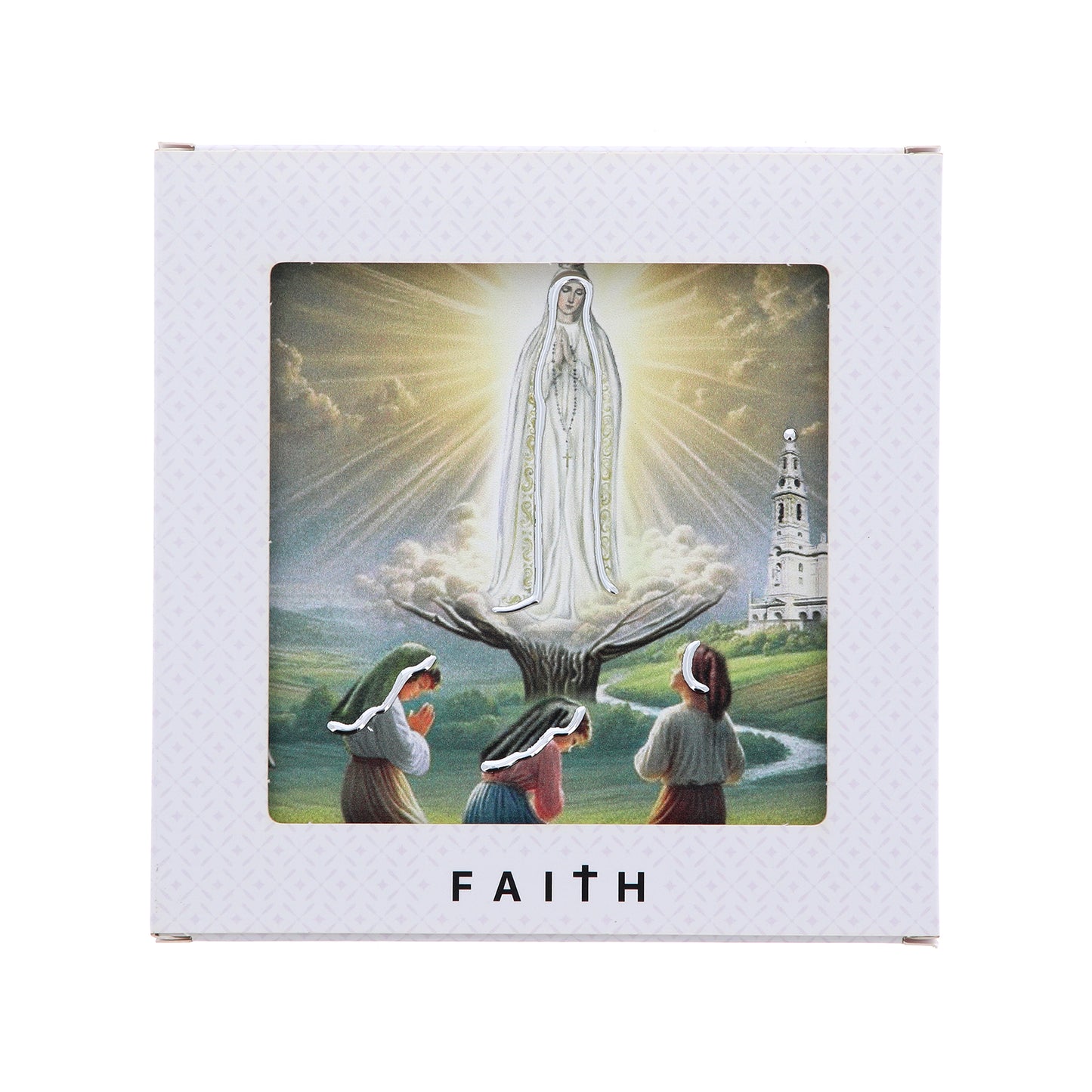 Quadro in legno Madonna di Fatima con dettagli argentati. Dimensioni 12,5x12,5 cm