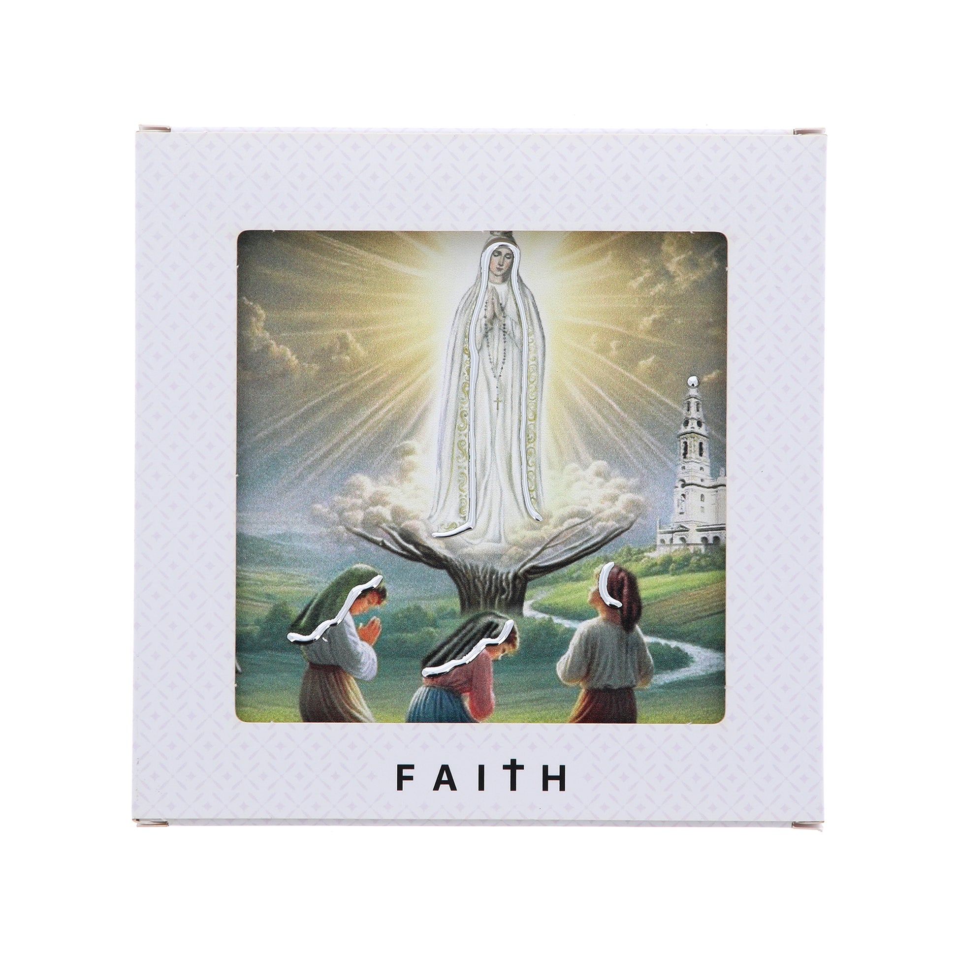 Quadro in legno Madonna di Fatima con dettagli argentati. Dimensioni 12,5x12,5 cm