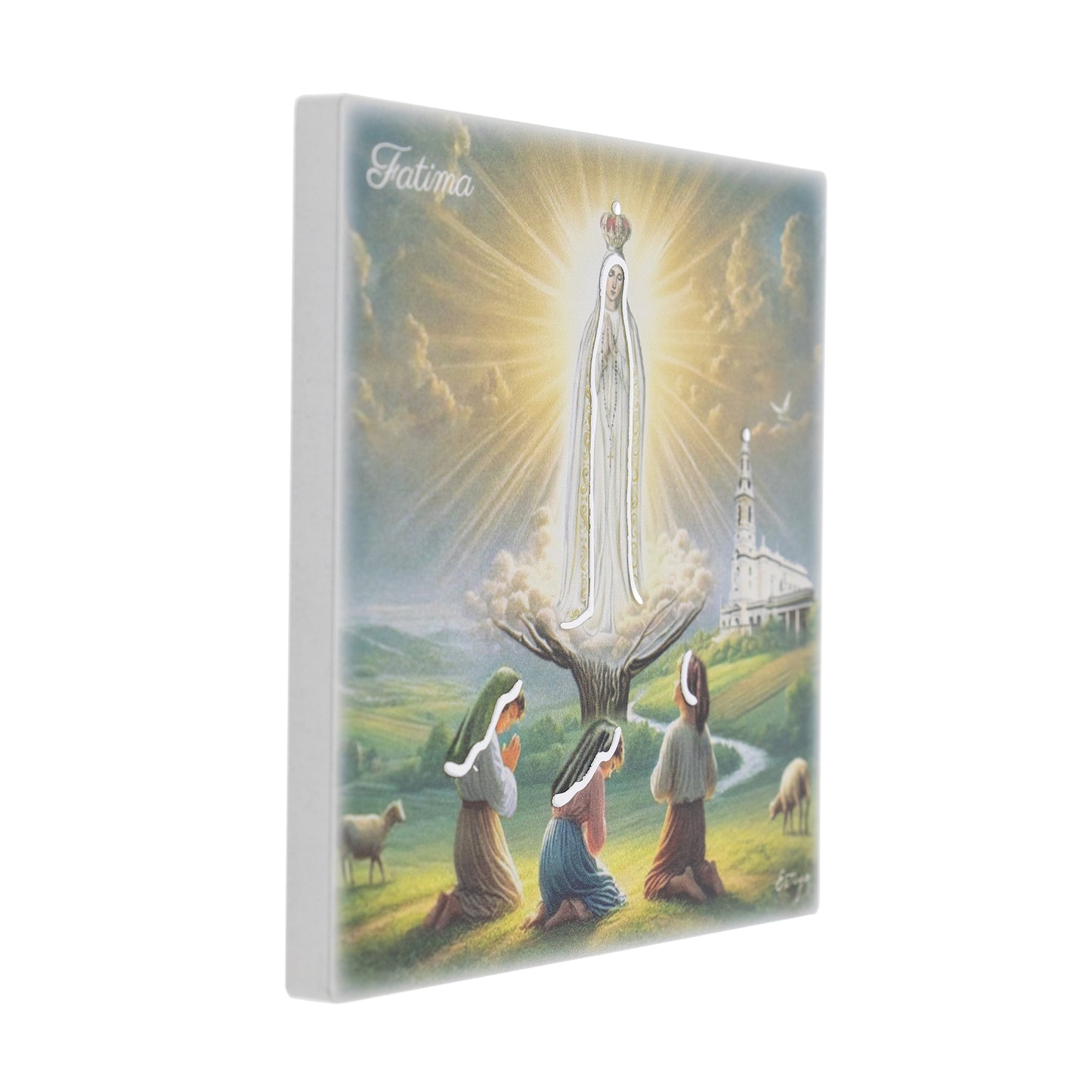 Quadro in legno Madonna di Fatima con dettagli argentati. Dimensioni 12,5x12,5 cm