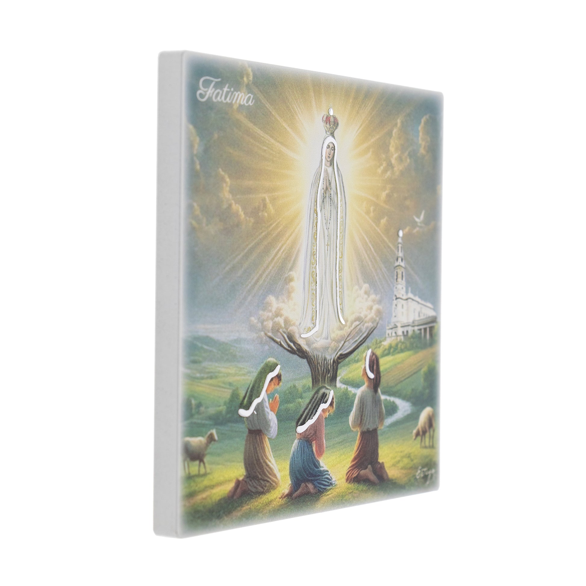 Quadro in legno Madonna di Fatima con dettagli argentati. Dimensioni 12,5x12,5 cm